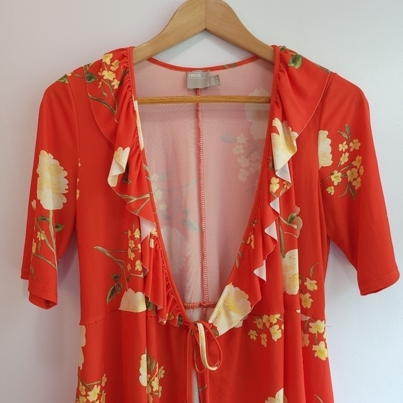 ASOS Orange Floral Short Sleeve Kimono /Robe Size 6 - Picture 3 of 8